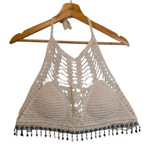 Crochet Halter Top with Beaded Trim